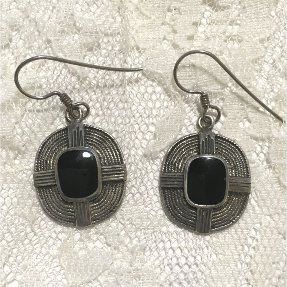 Vintage Sterling Silver 925 Black Onyx Dangle Earrings Pierced